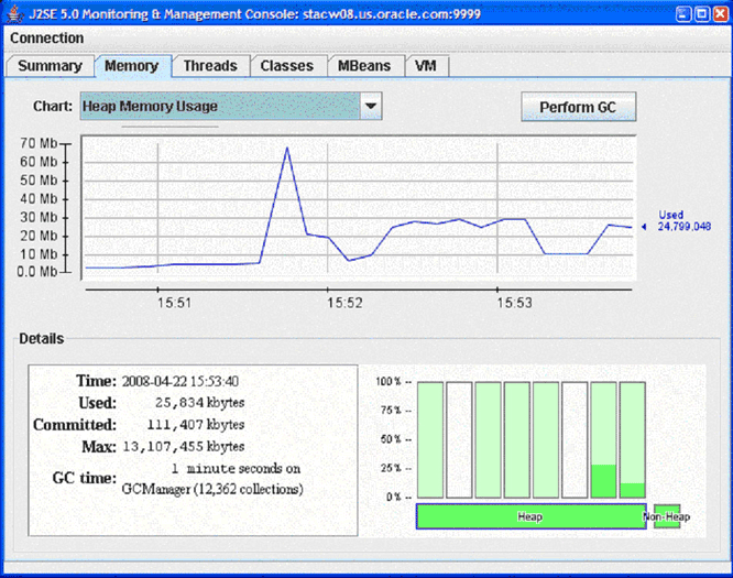 Memory tab of JConsole interface