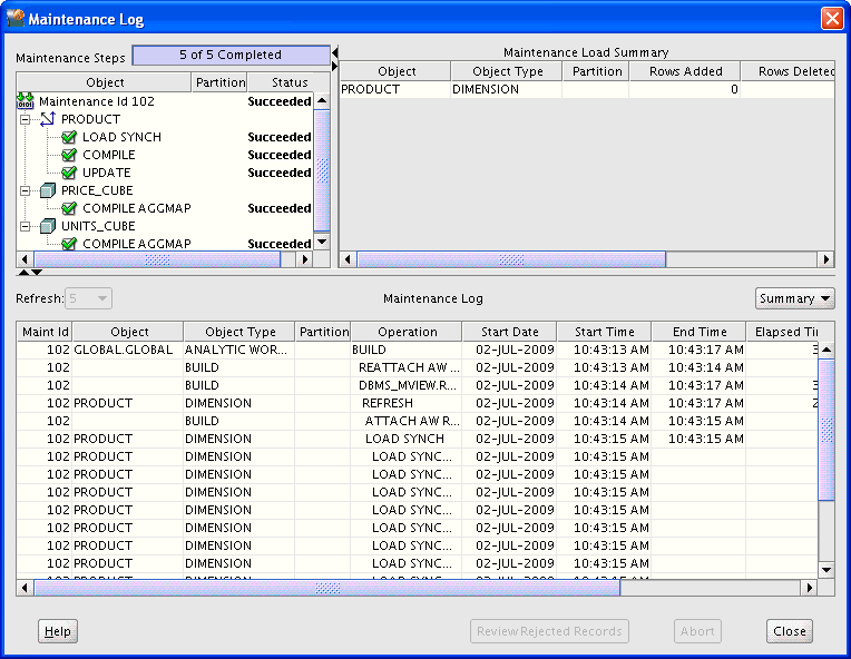 Screen capture of Maintenance Log