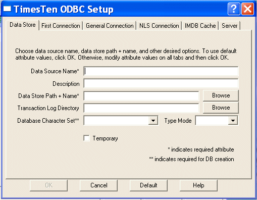 TimesTen ODBC Setup page